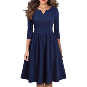 Women's Vintage Style Pleated Flared Swing A-Line Midi Dress